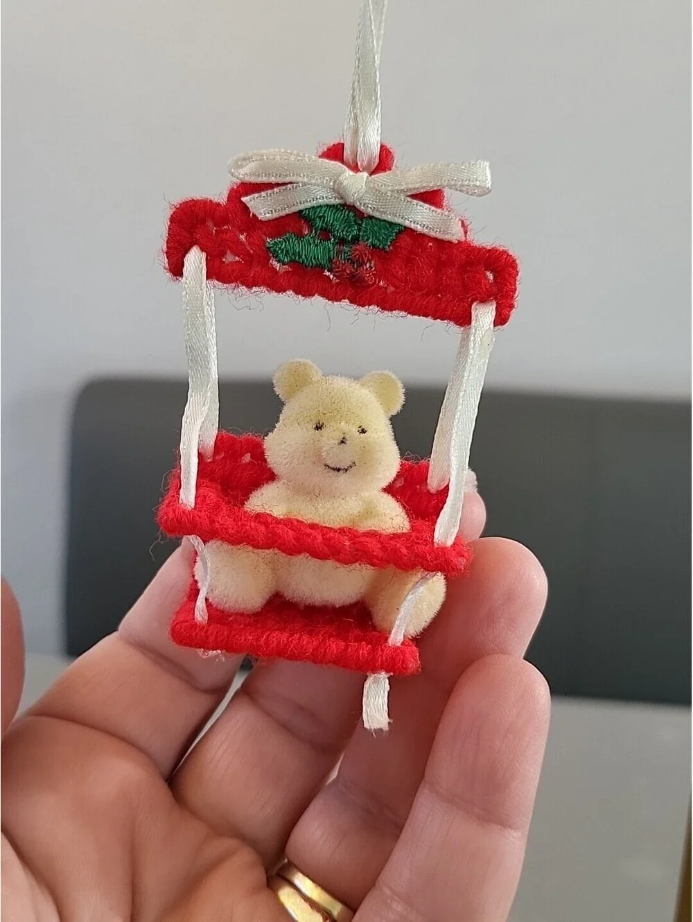 Vtg Mini Flocked Teddy Bear with Ornate Red Baby Swing Box Handmade 3